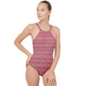 Pink-art-with-abstract-seamless-flaming-pattern High Neck One Piece Swimsuit View1