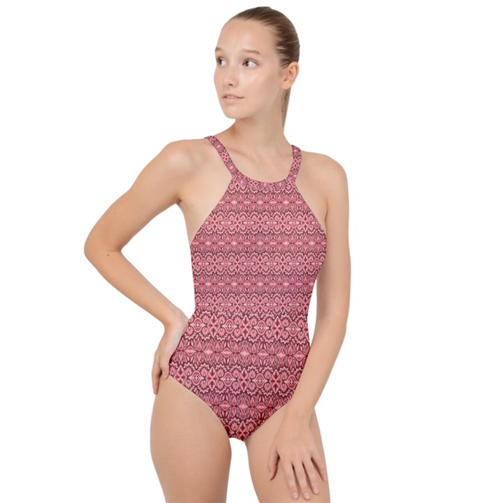 Pink-art-with-abstract-seamless-flaming-pattern High Neck One Piece Swimsuit