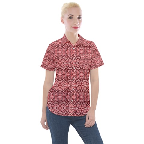 Pink-art-with-abstract-seamless-flaming-pattern Women s Short Sleeve Pocket Shirt by Pakemis