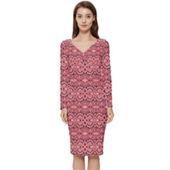 Pink-art-with-abstract-seamless-flaming-pattern Long Sleeve V-neck Bodycon Dress  by Pakemis