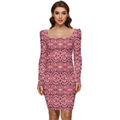 Pink-art-with-abstract-seamless-flaming-pattern Women Long Sleeve Ruched Stretch Jersey Dress by Pakemis