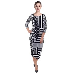 Black And White Quarter Sleeve Midi Velour Bodycon Dress by gasi