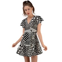 Black And White Flutter Sleeve Wrap Dress by gasi