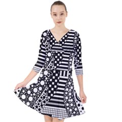 Black And White Quarter Sleeve Front Wrap Dress by gasi