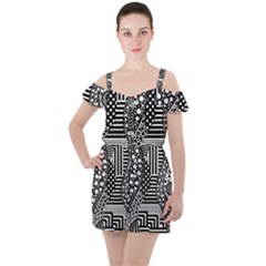 Black And White Ruffle Cut Out Chiffon Playsuit by gasi