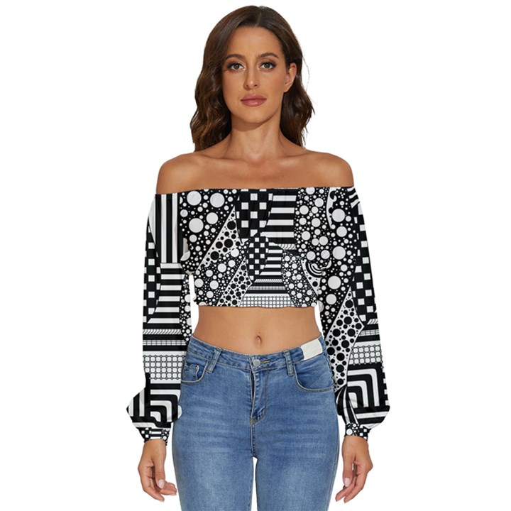 Black and white Long Sleeve Crinkled Weave Crop Top