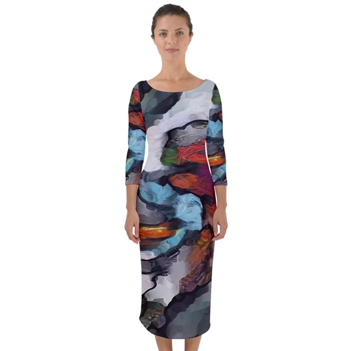 Abstract art Quarter Sleeve Midi Bodycon Dress