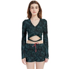 Green Zendoodle Velvet Wrap Crop Top And Shorts Set by Mazipoodles