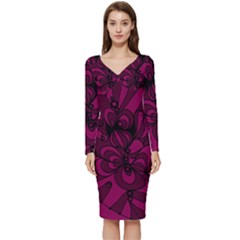 Aubergine Zendoodle Long Sleeve V-neck Bodycon Dress 