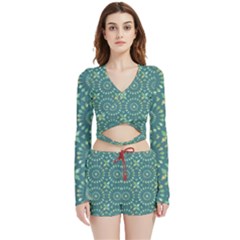 Kaleidoscope Hunter Green Velvet Wrap Crop Top And Shorts Set by Mazipoodles