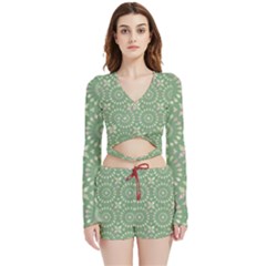 Kaleidoscope Peaceful Green Velvet Wrap Crop Top And Shorts Set by Mazipoodles