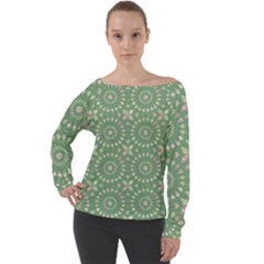 Kaleidoscope Peaceful Green Off Shoulder Long Sleeve Velour Top by Mazipoodles