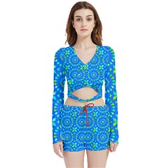 Kaleidoscope Blue Velvet Wrap Crop Top And Shorts Set by Mazipoodles