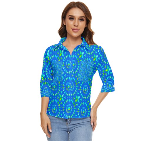 Kaleidoscope Blue Women s Quarter Sleeve Pocket Shirt by Mazipoodles