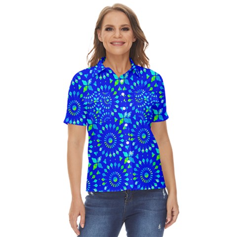 Kaleidoscope Royal Blue Women s Short Sleeve Double Pocket Shirt by Mazipoodles