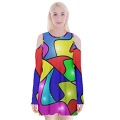 Colorful Abstract Art Velvet Long Sleeve Shoulder Cutout Dress by gasi