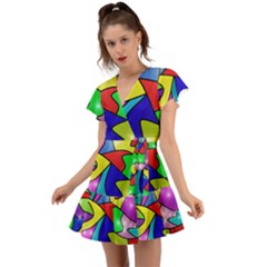 Colorful Abstract Art Flutter Sleeve Wrap Dress by gasi