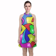 Colorful Abstract Art Velvet Halter Neckline Dress 