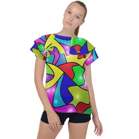 Colorful Abstract Art Ruffle Collar Chiffon Blouse by gasi