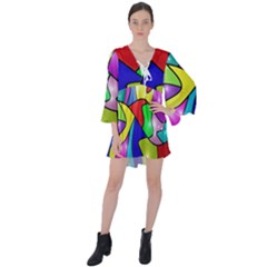 Colorful Abstract Art V-neck Flare Sleeve Mini Dress by gasi