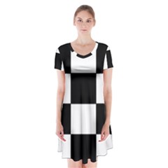 Grid-domino-bank-and-black Short Sleeve V-neck Flare Dress by BangZart