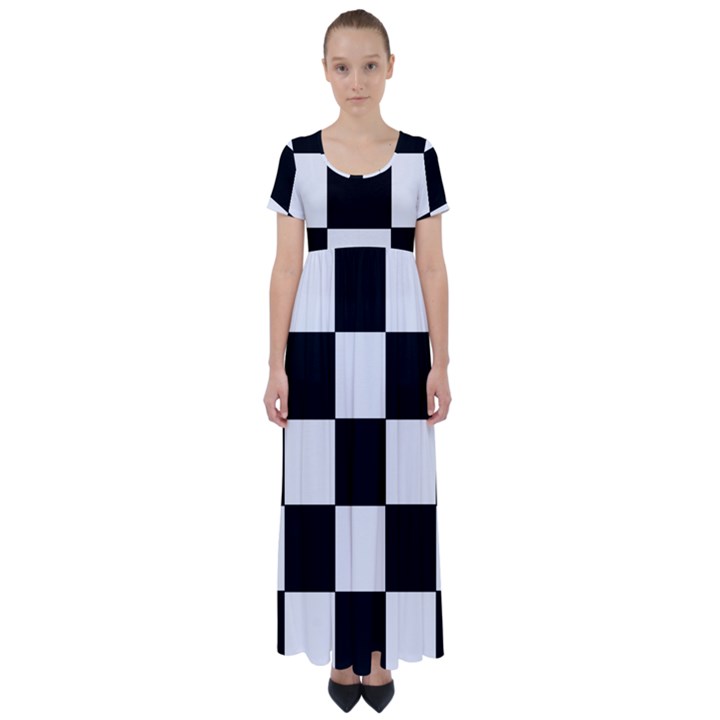 Grid-domino-bank-and-black High Waist Short Sleeve Maxi Dress