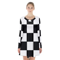 Grid-domino-bank-and-black Long Sleeve Velvet V-neck Dress