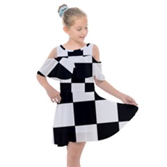 Grid-domino-bank-and-black Kids  Shoulder Cutout Chiffon Dress by BangZart