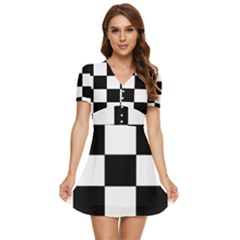 Grid-domino-bank-and-black V-neck High Waist Chiffon Mini Dress by BangZart