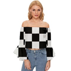 Grid-domino-bank-and-black Off Shoulder Flutter Bell Sleeve Top