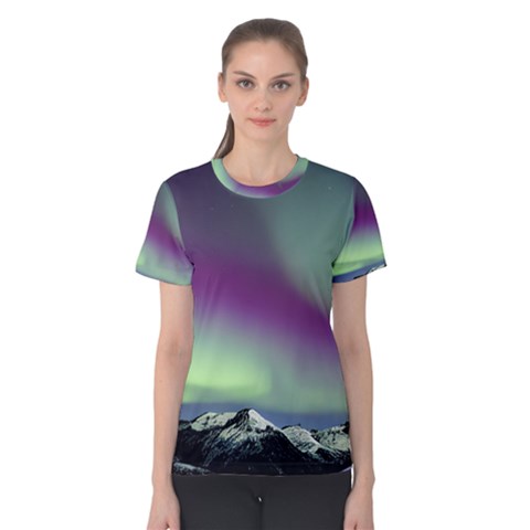 Aurora Stars Sky Mountains Snow Aurora Borealis Women s Cotton Tee by Uceng