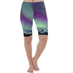 Aurora Stars Sky Mountains Snow Aurora Borealis Cropped Leggings  by Uceng