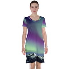 Aurora Stars Sky Mountains Snow Aurora Borealis Short Sleeve Nightdress