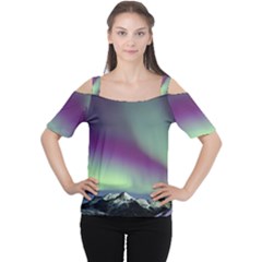 Aurora Stars Sky Mountains Snow Aurora Borealis Cutout Shoulder Tee