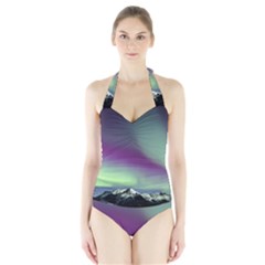 Aurora Stars Sky Mountains Snow Aurora Borealis Halter Swimsuit