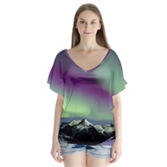 Aurora Stars Sky Mountains Snow Aurora Borealis V-neck Flutter Sleeve Top by Uceng