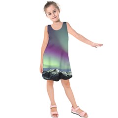 Aurora Stars Sky Mountains Snow Aurora Borealis Kids  Sleeveless Dress by Uceng