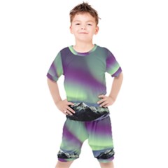 Aurora Stars Sky Mountains Snow Aurora Borealis Kids  Tee And Shorts Set by Uceng