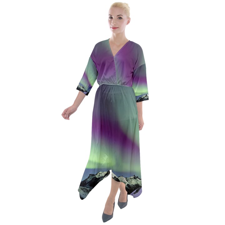 Aurora Stars Sky Mountains Snow Aurora Borealis Quarter Sleeve Wrap Front Maxi Dress