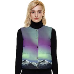 Aurora Stars Sky Mountains Snow Aurora Borealis Women s Short Button Up Puffer Vest by Uceng