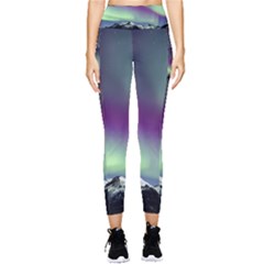 Aurora Stars Sky Mountains Snow Aurora Borealis Pocket Leggings  by Uceng