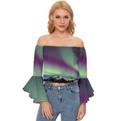 Aurora Stars Sky Mountains Snow Aurora Borealis Off Shoulder Flutter Bell Sleeve Top by Uceng