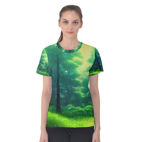 Anime Forrest Nature Fantasy Sunset Trees Woods Women s Cotton Tee by Uceng