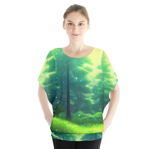 Anime Forrest Nature Fantasy Sunset Trees Woods Batwing Chiffon Blouse by Uceng