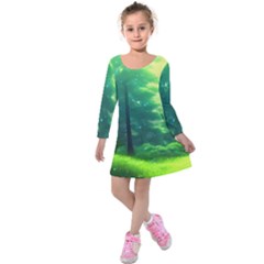 Anime Forrest Nature Fantasy Sunset Trees Woods Kids  Long Sleeve Velvet Dress