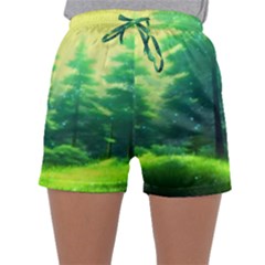 Anime Forrest Nature Fantasy Sunset Trees Woods Sleepwear Shorts by Uceng