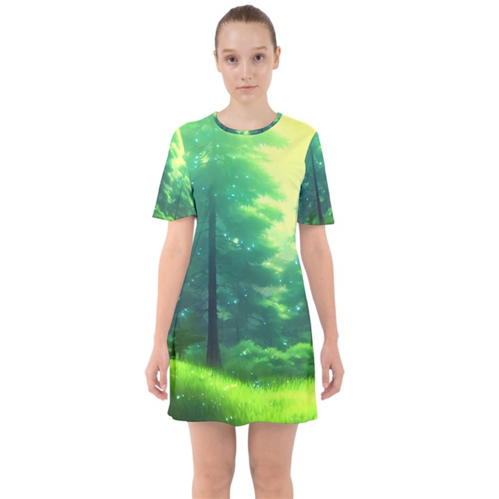 Anime Forrest Nature Fantasy Sunset Trees Woods Sixties Short Sleeve Mini Dress