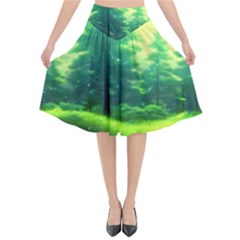 Anime Forrest Nature Fantasy Sunset Trees Woods Flared Midi Skirt by Uceng