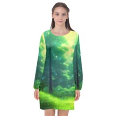 Anime Forrest Nature Fantasy Sunset Trees Woods Long Sleeve Chiffon Shift Dress  by Uceng