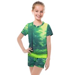 Anime Forrest Nature Fantasy Sunset Trees Woods Kids  Mesh Tee And Shorts Set